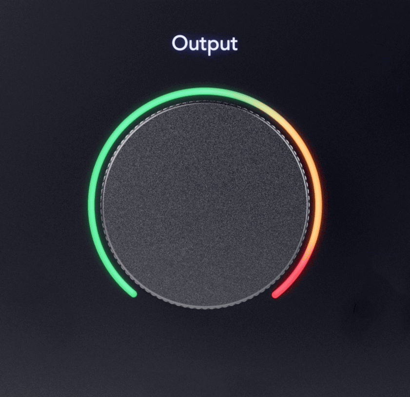 A cutout of the Scarlett's front panel Output control.