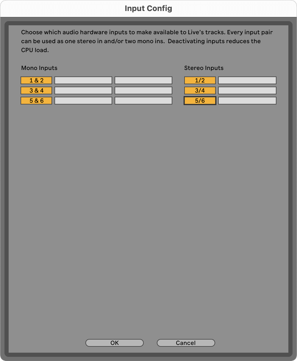 A screenshot of the Ableton Input Config window showing the Mono and Stereo inputs enabled.