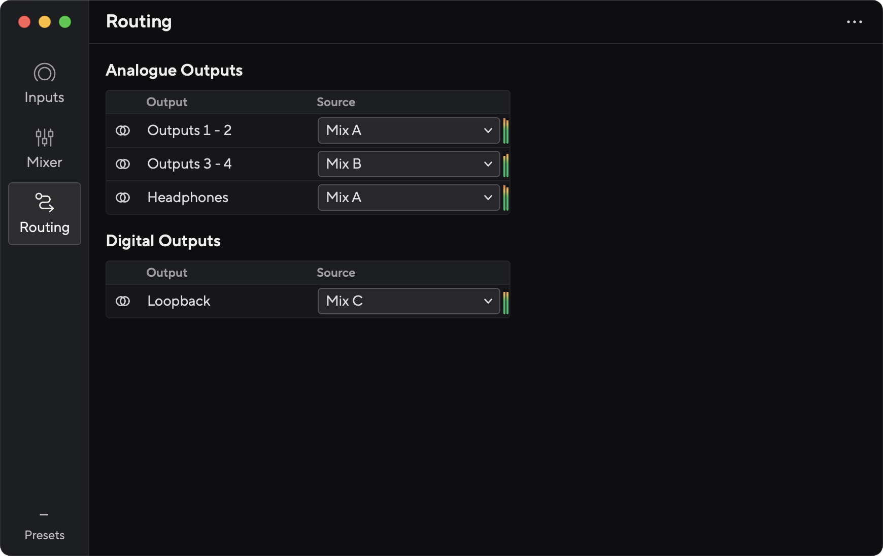 A screenshot of the Routing tab in Focusrite Control 2.