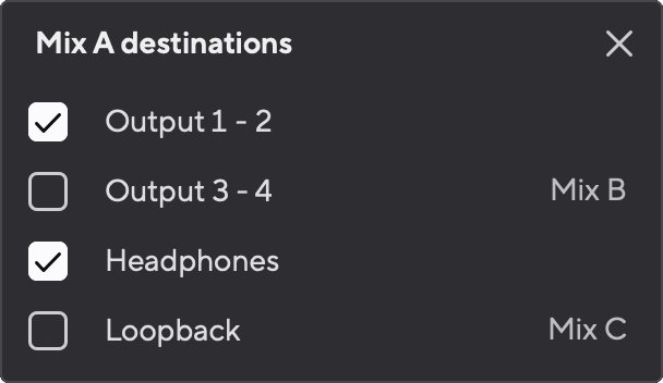 A screenshot of the Mix destinations in Focusrite Control 2.