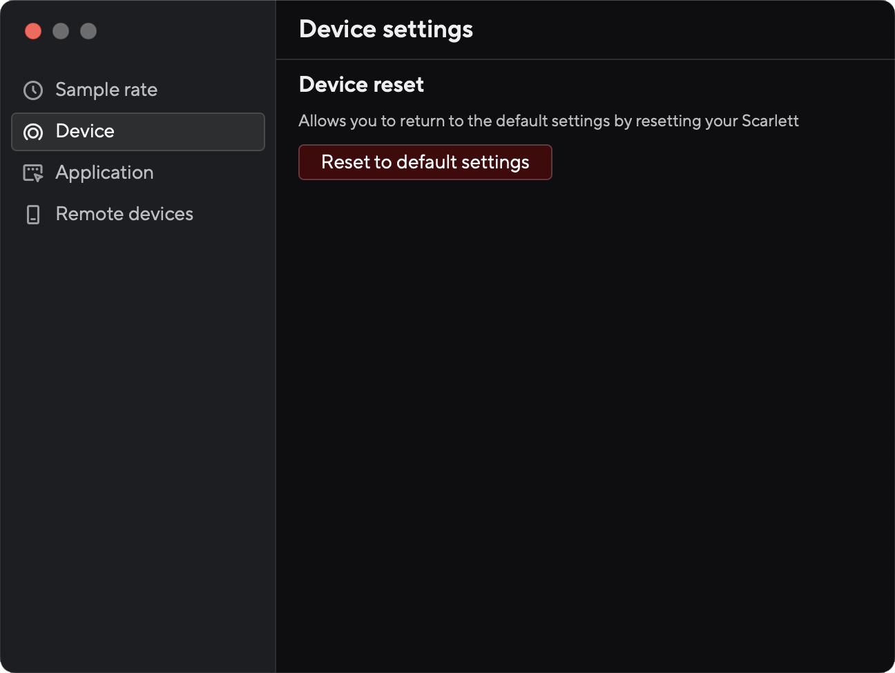 A screenshot of Focusrite Control 2's 4i4 preferences page.