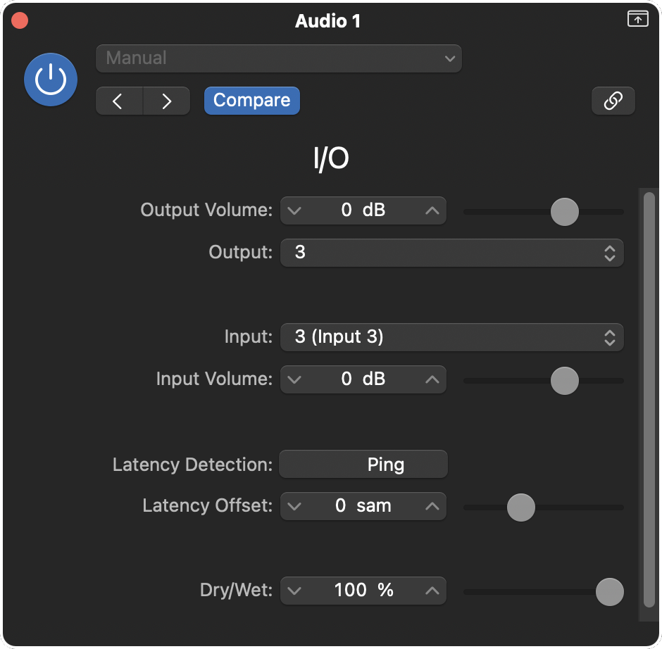 Logic Pro X's I/O plug in with Output 3 and Input 3 selected to send the signal from the DAW to your interfaces output.