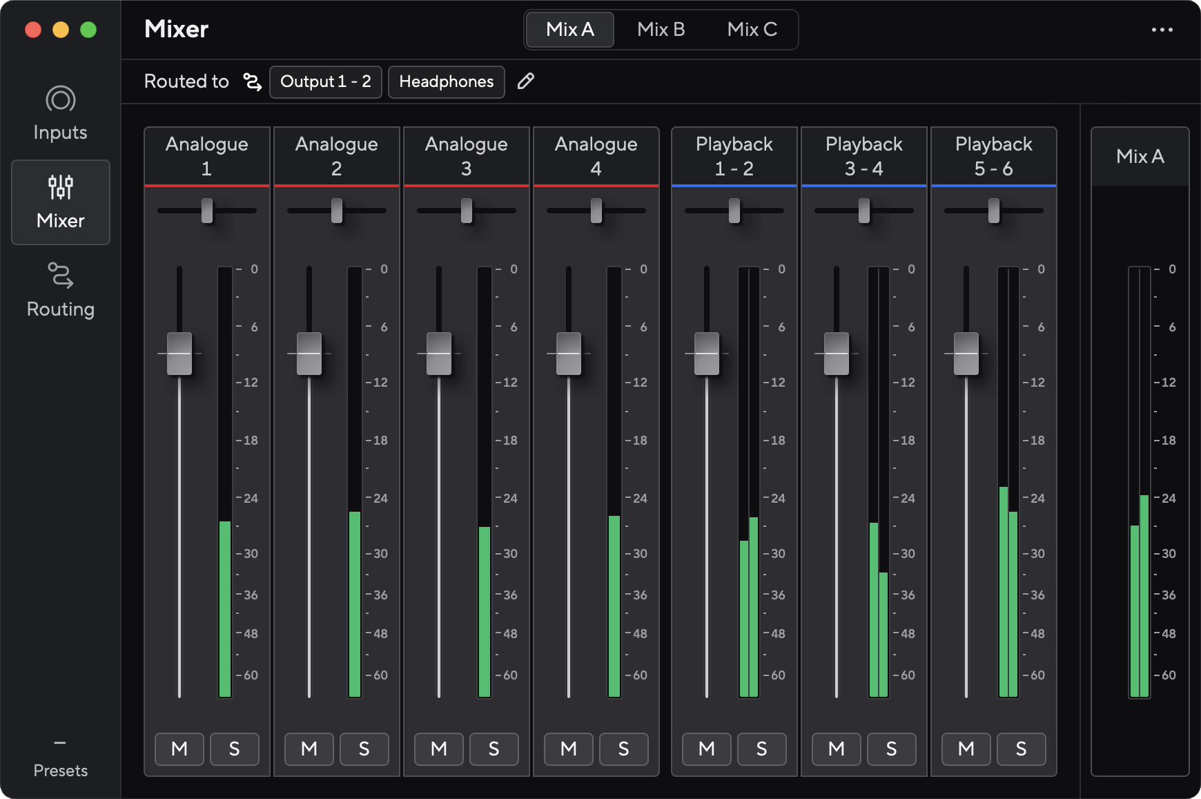 A screenshot of the Scarlett 4i4's default mixer view.