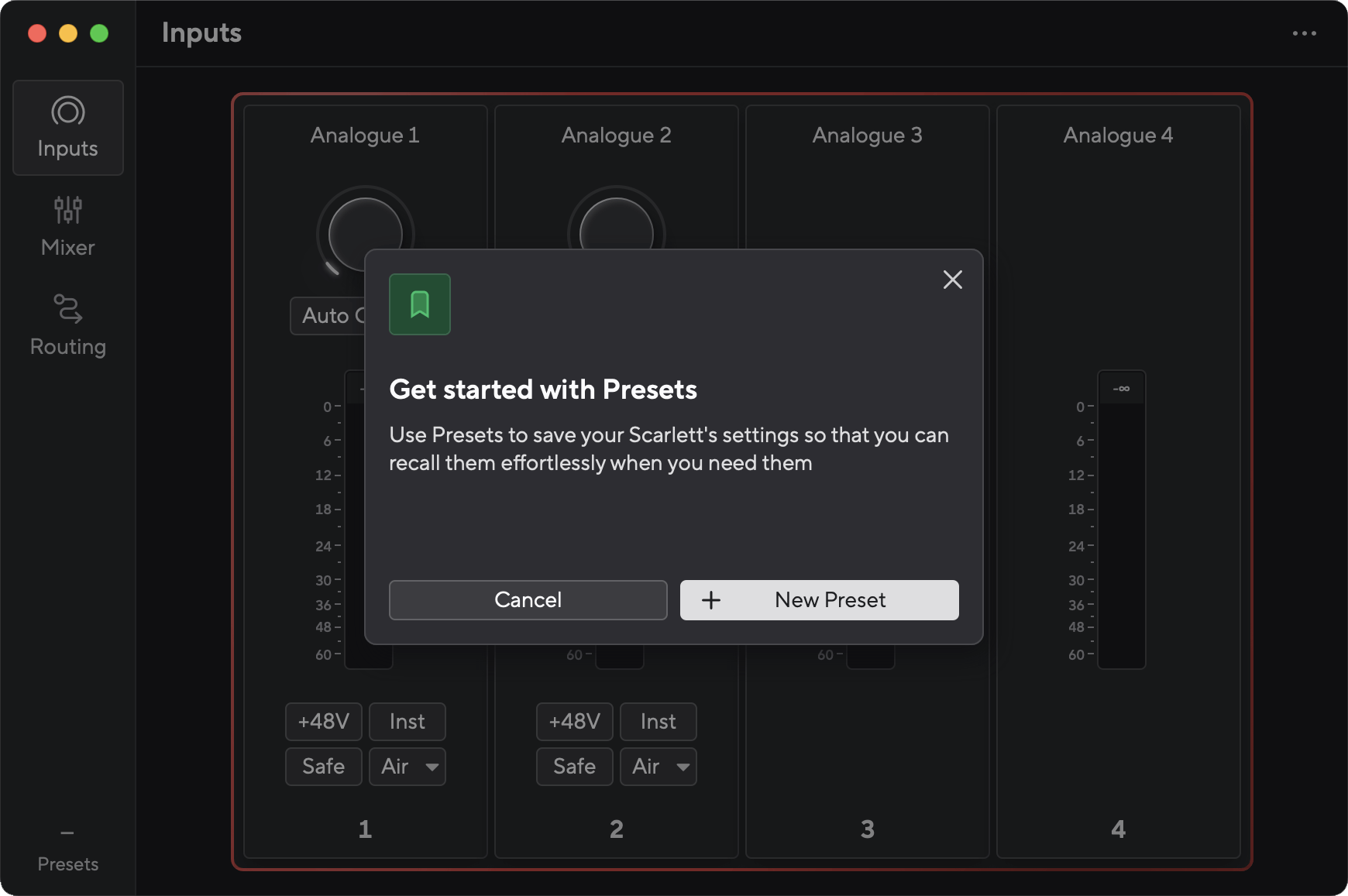 A screenshot of Focusrite Control 2 with the Get started with Presets pop-up box open.