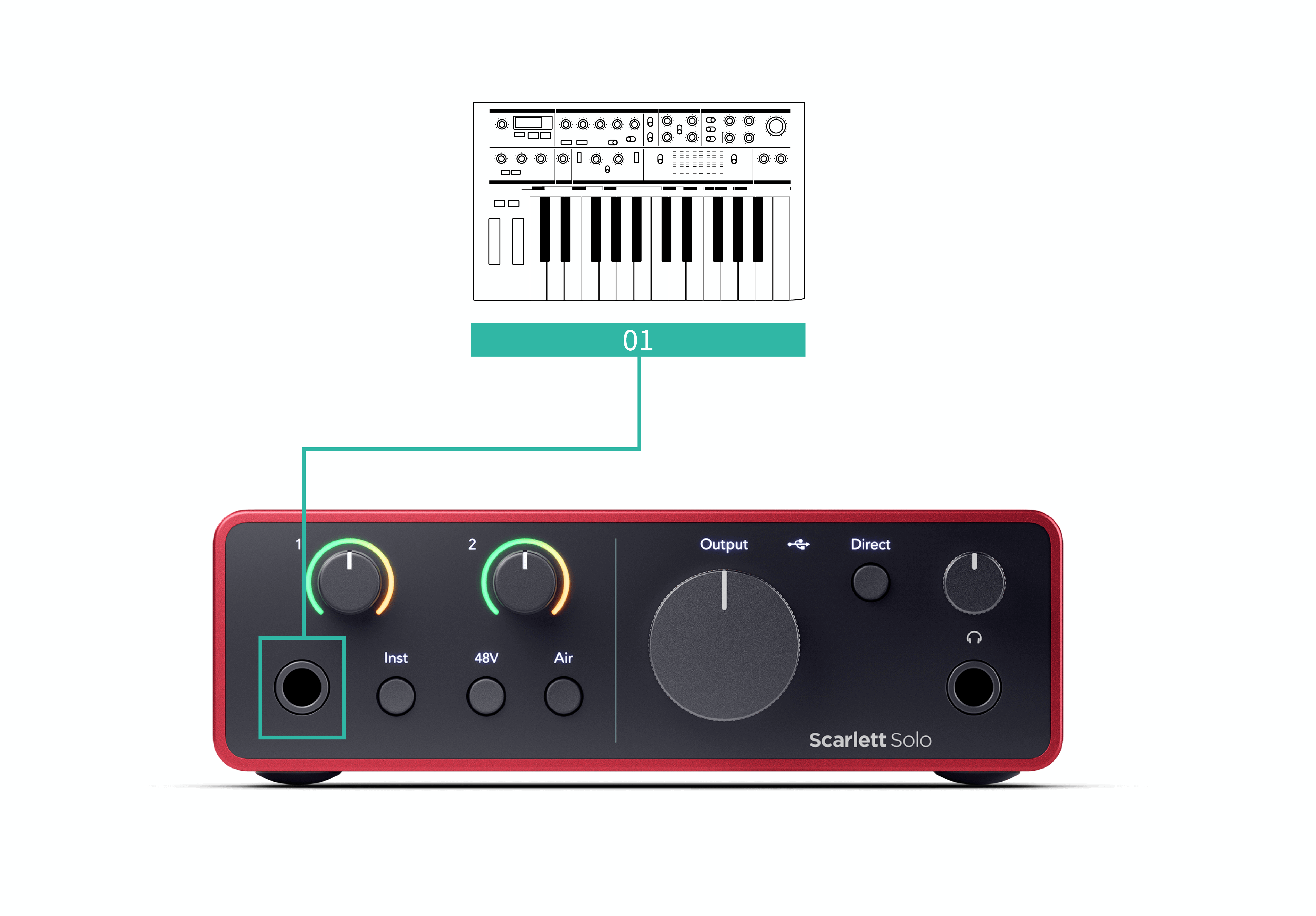 An image of a mono synthesiser connected to input 1 of the Scarlett Solo.