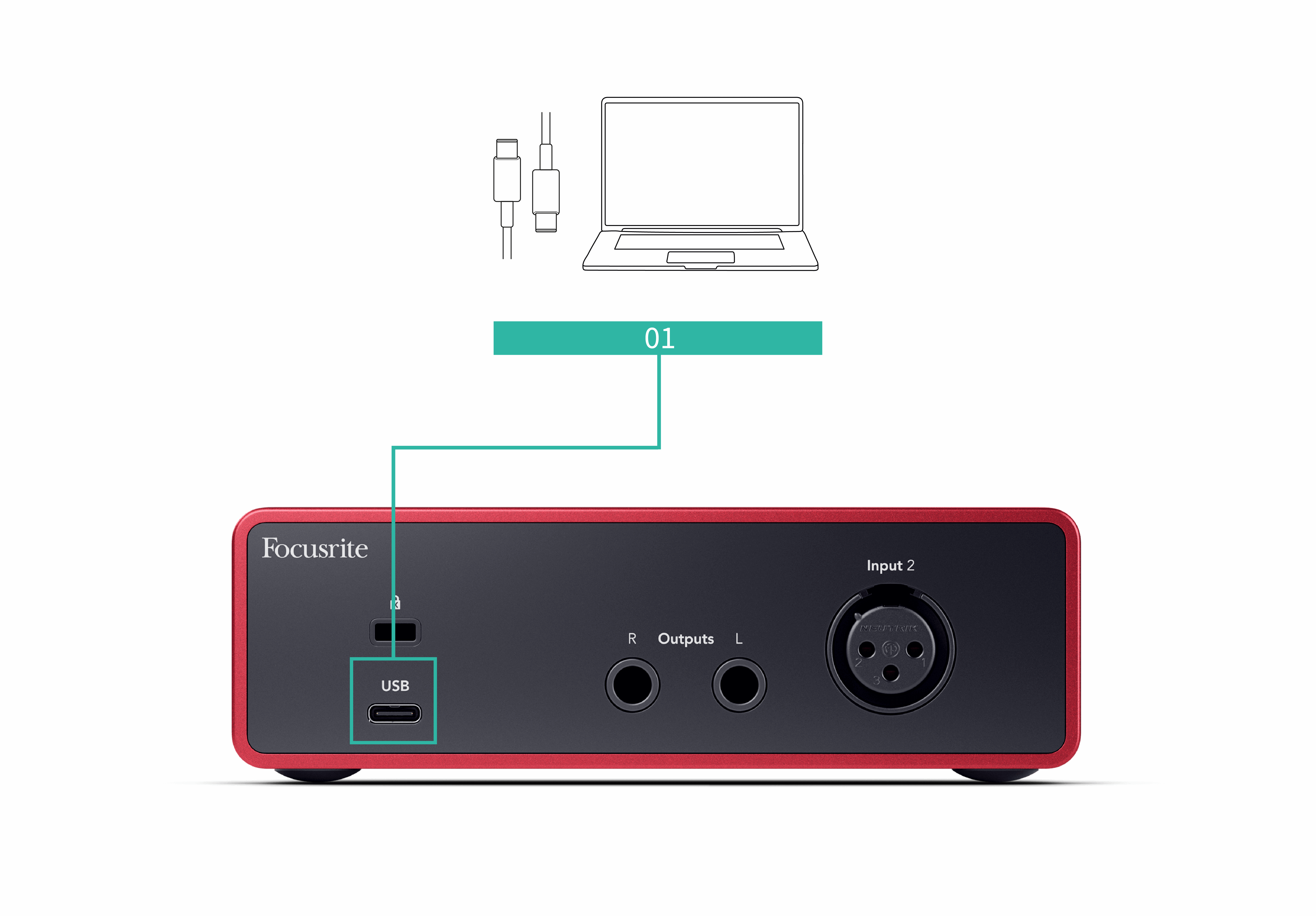 A diagram showing how to connect a laptop/computer to the USB port on the rear panel of the Scarlett Solo, using a USB C cable.