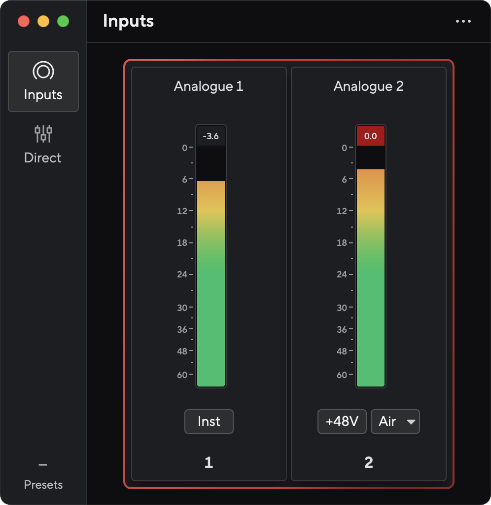A screenshot of Focusrite Control 2 showing the meters.