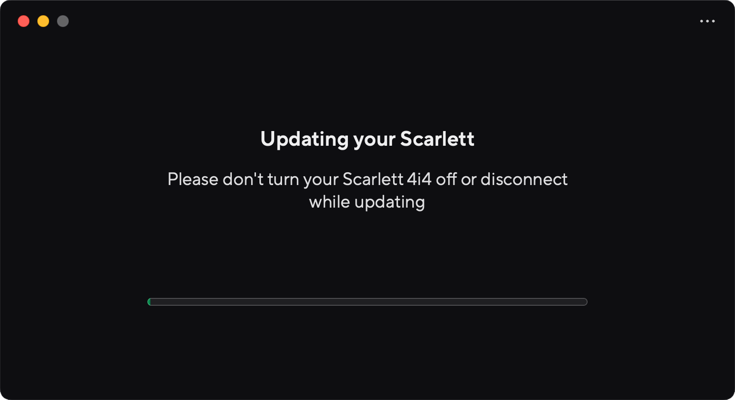 A screenshot of Focusrite Control 2's 4i4 update in progress page.