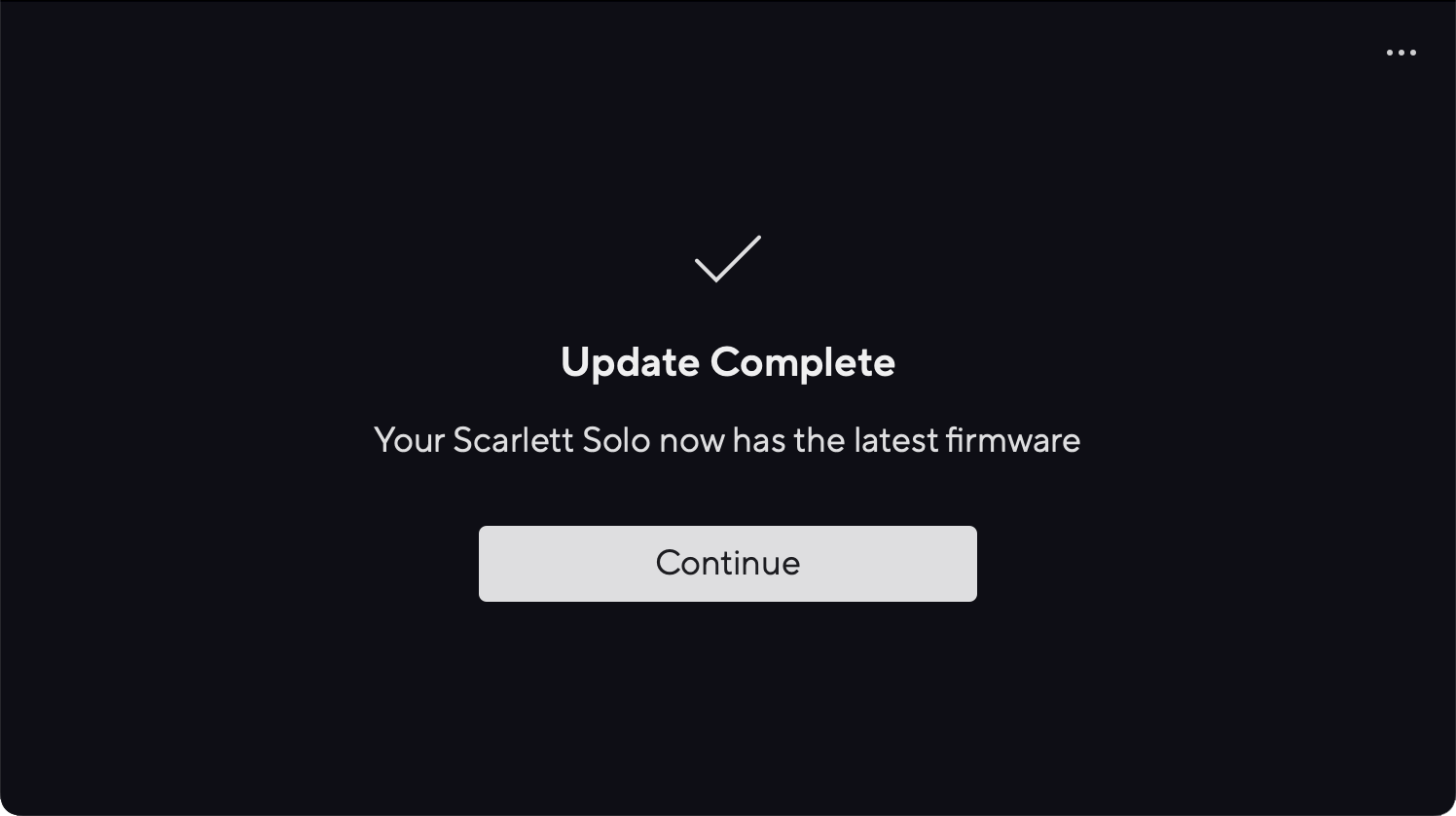 A screenshot of Focusrite Control 2's Solo update complete page.