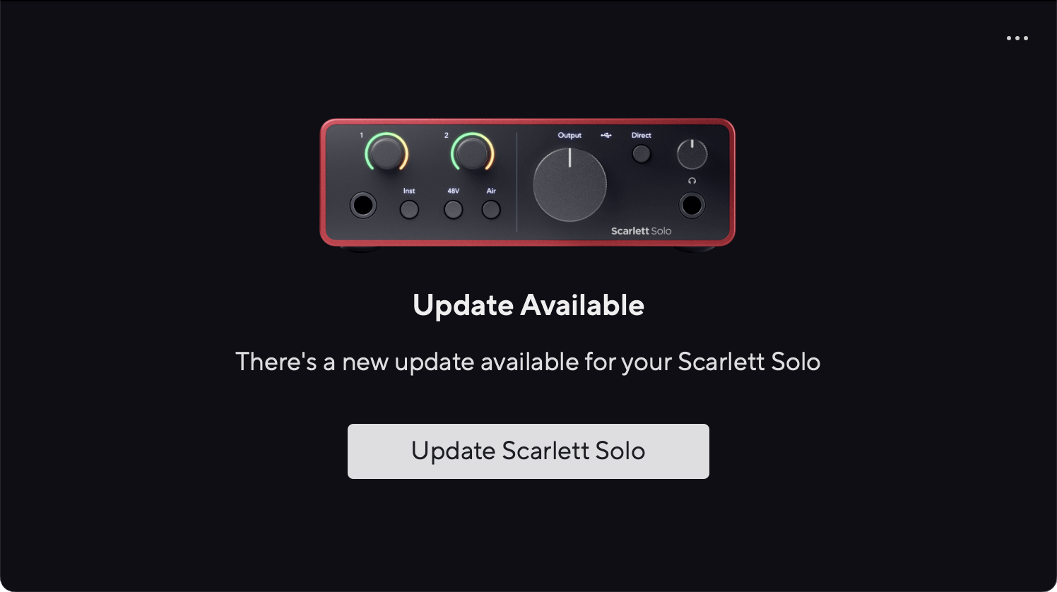 A screenshot of Focusrite Control 2's Solo update available page.
