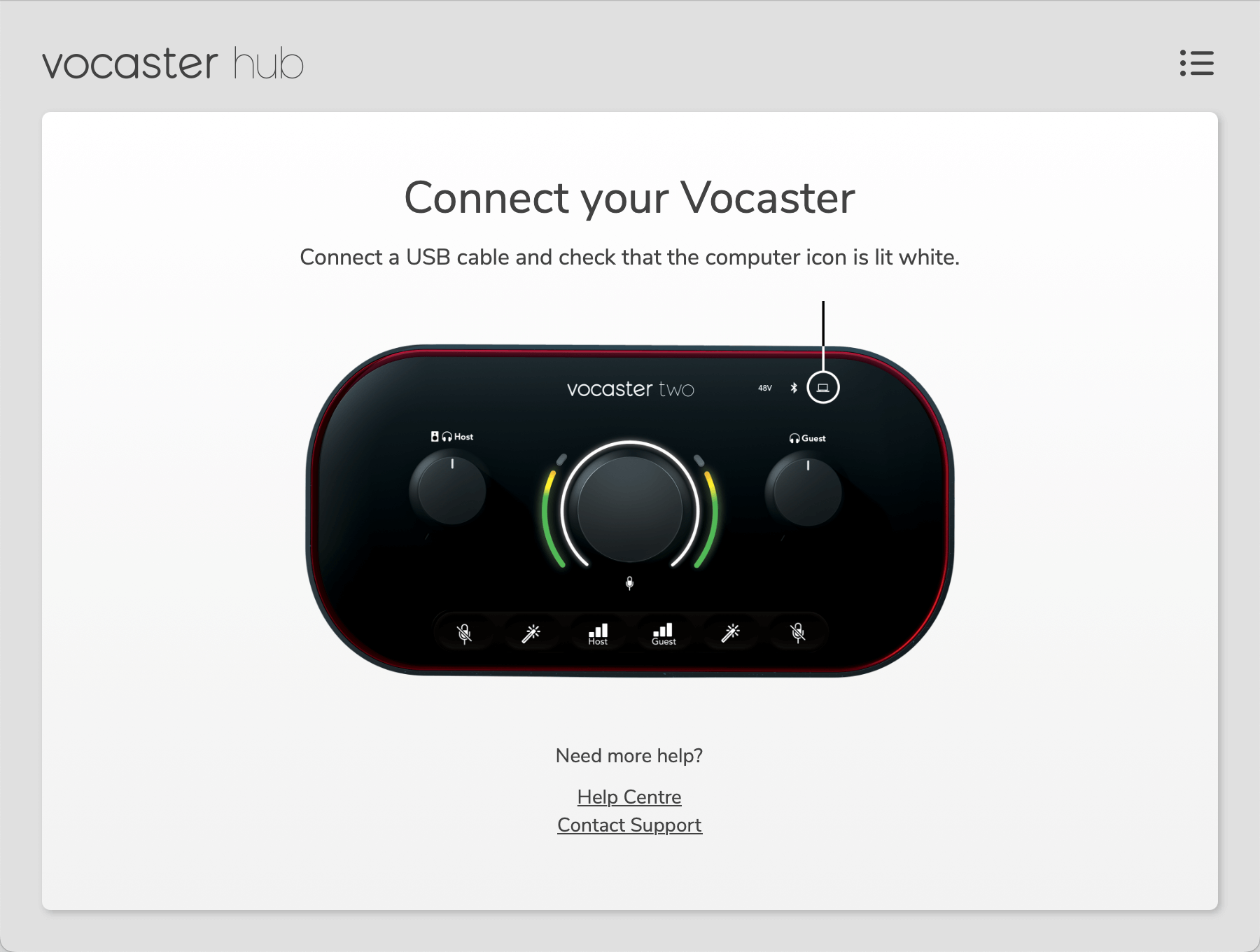 Vocaster Hub's Vocaster disconnected prompt.