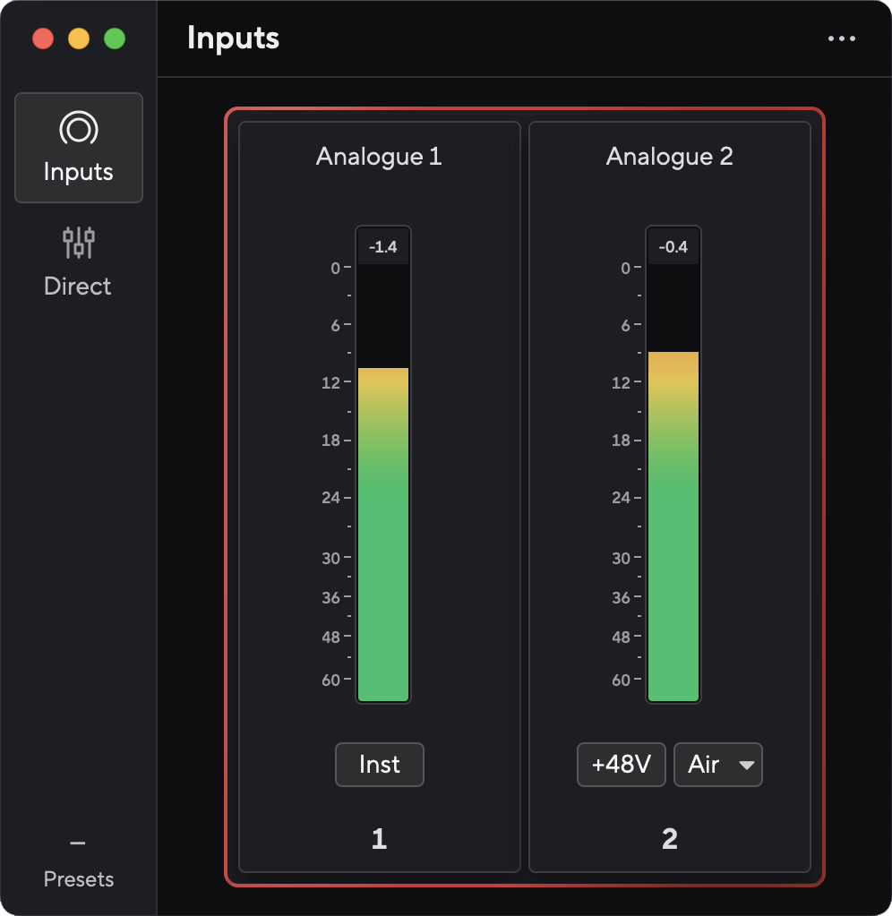 A screenshot of Focusrite Control 2's default view for the Scarlett Solo.