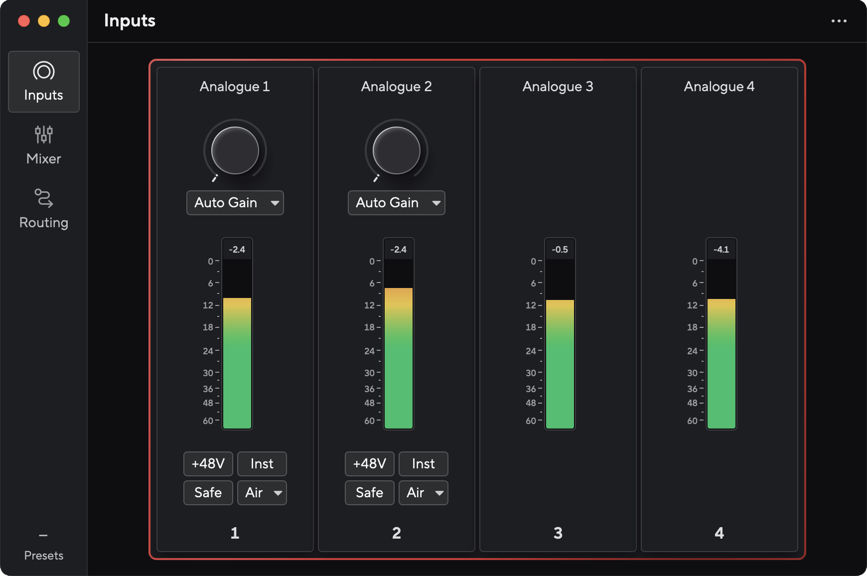 A screenshot of Focusrite Control 2's default view for the Scarlett 4i4.