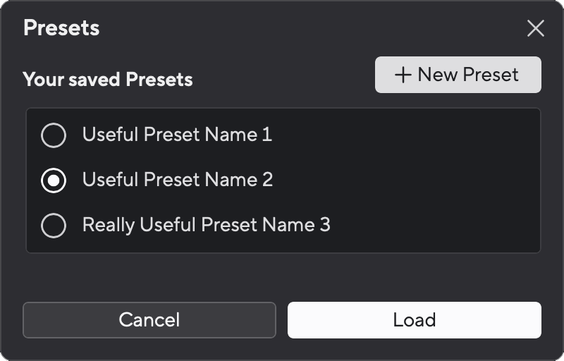 A screenshot of Focusrite Control 2's Load Preset window.