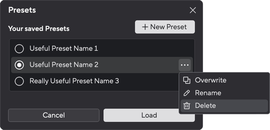 A screenshot of Focusrite Control's Presets menu showing how to Delete a preset.
