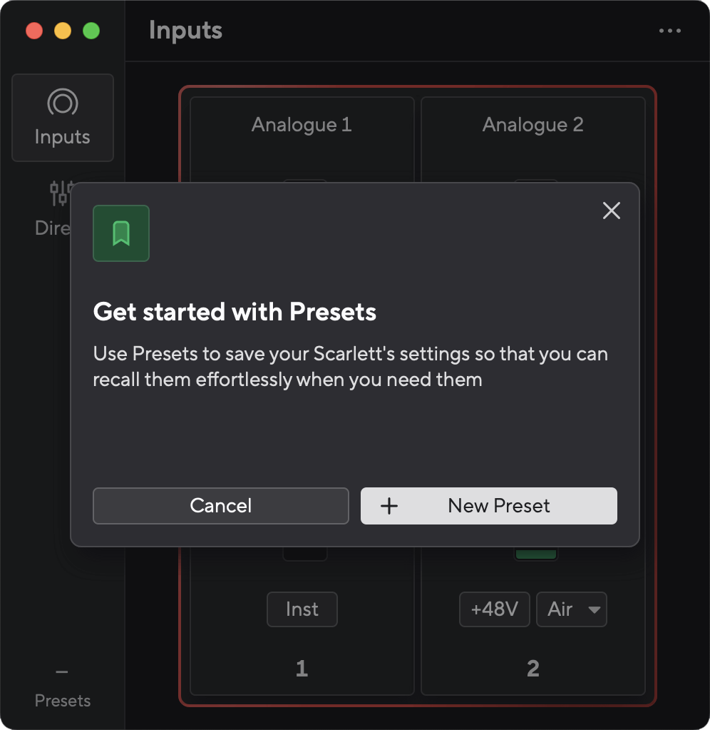 A screenshot of Focusrite Control 2 with the Get started with Presets pop-up box open.