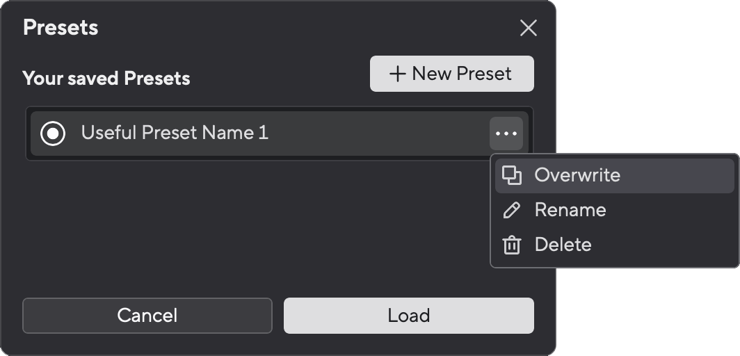 A screenshot of Focusrite Control 2's Overwrite preset button.