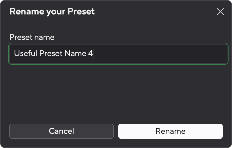 A screenshot of Focusrite Control 2's rename a preset pop-up.