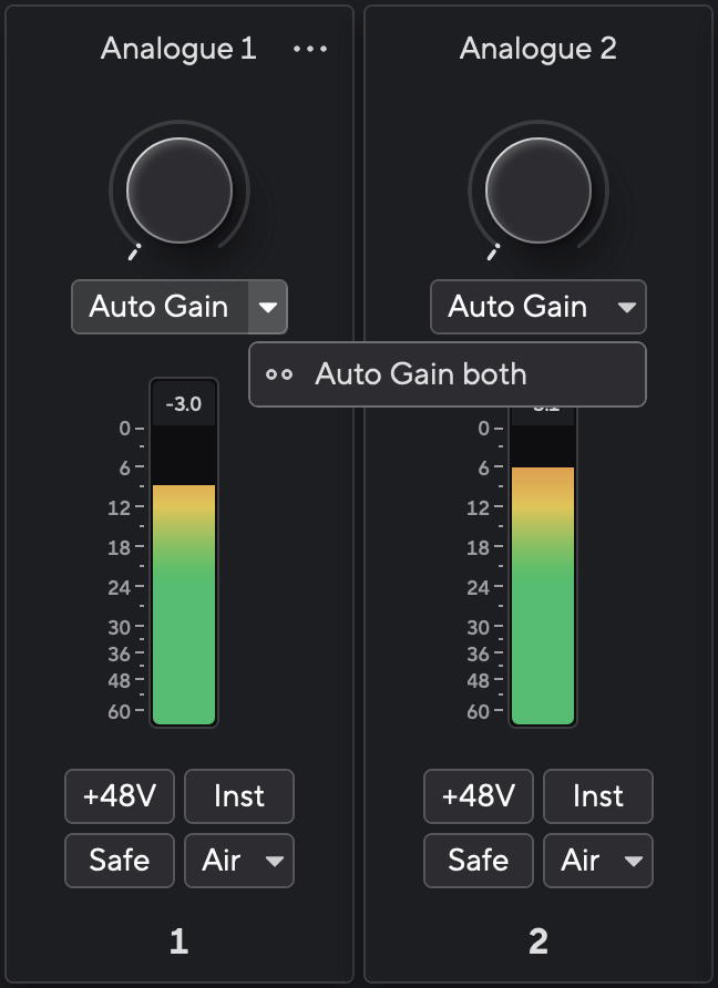 A screenshot of Focusrite Control 2 for the Scarlett 16i16's to Auto Gain both channels.