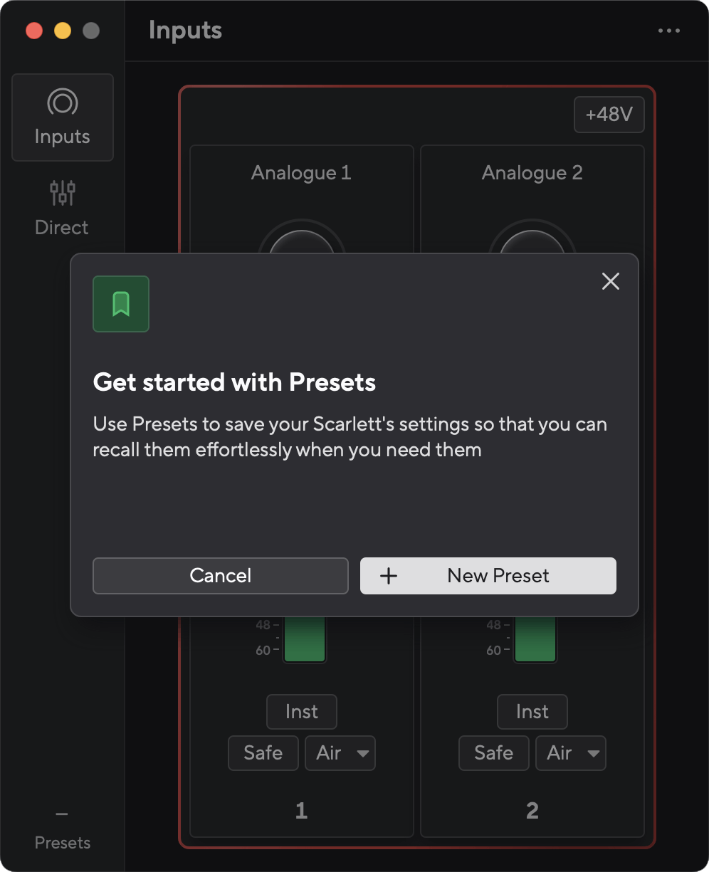 A screenshot of Focusrite Control 2 with the Get started with Presets pop-up box open.