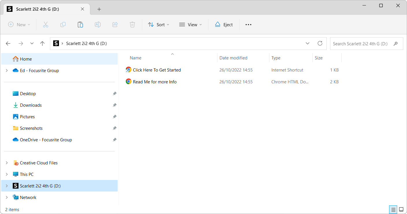 Scarlett 2i2's Easy Start folder on Windows.