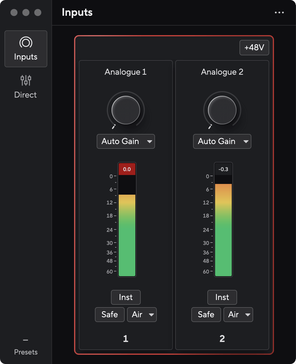 The default view in Focusrite Control 2 when you first connect your Scarlett 2i2.