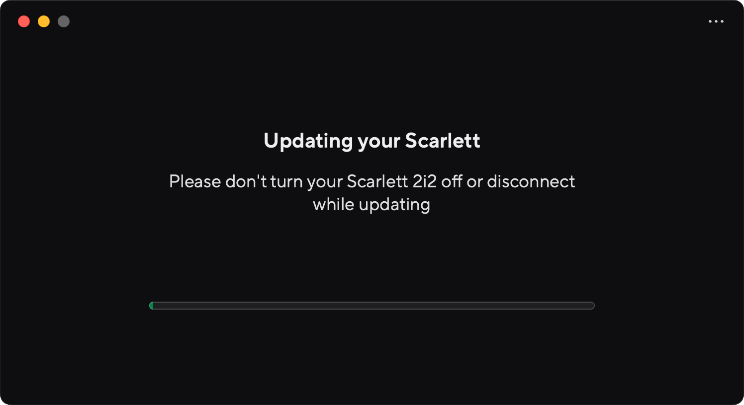 A screenshot of Focusrite Control 2's 2i2 update in progress page.