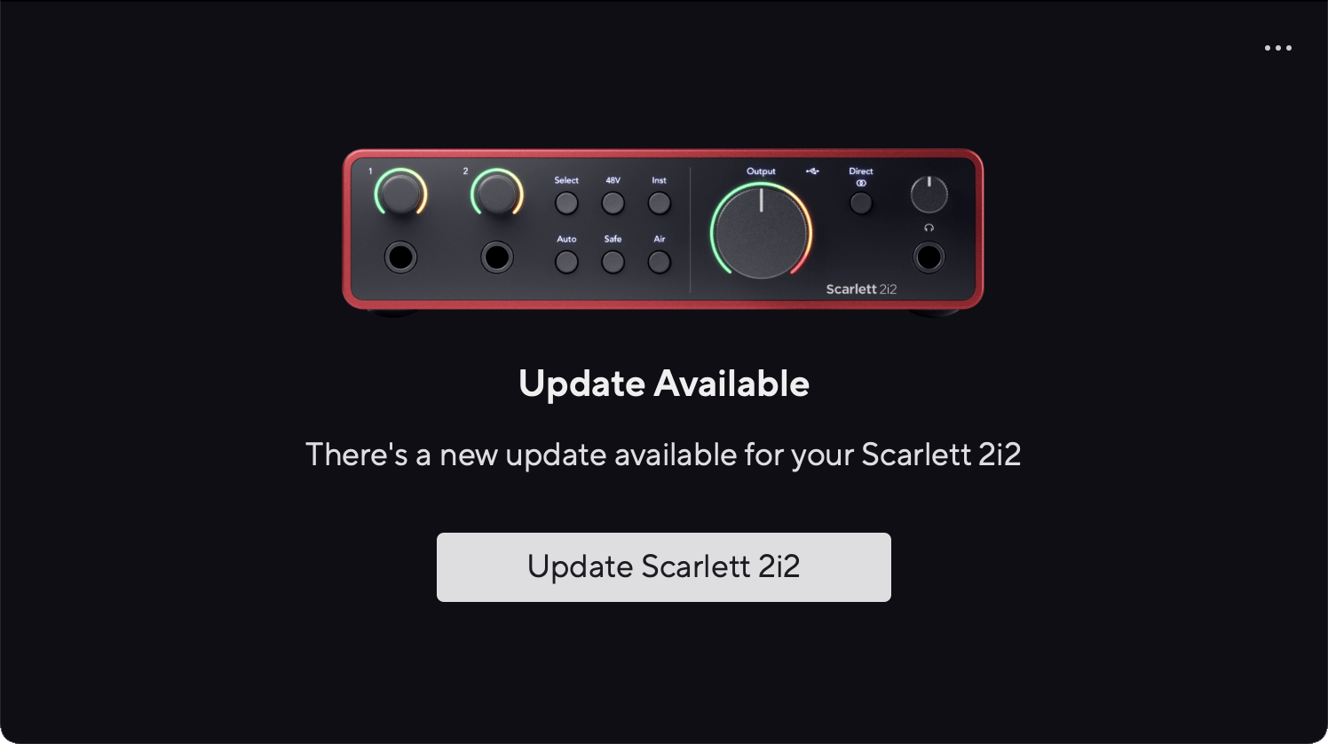 A screenshot of Focusrite Control 2's 2i2 update available page.