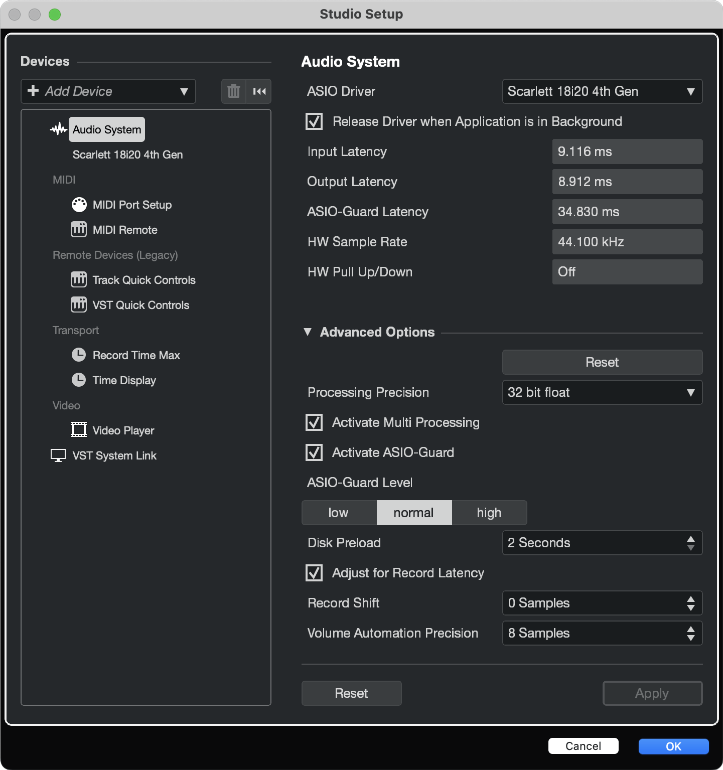 A screenshot of Cubase's Studio setup window with the Scarlett selected as the ASIO driver