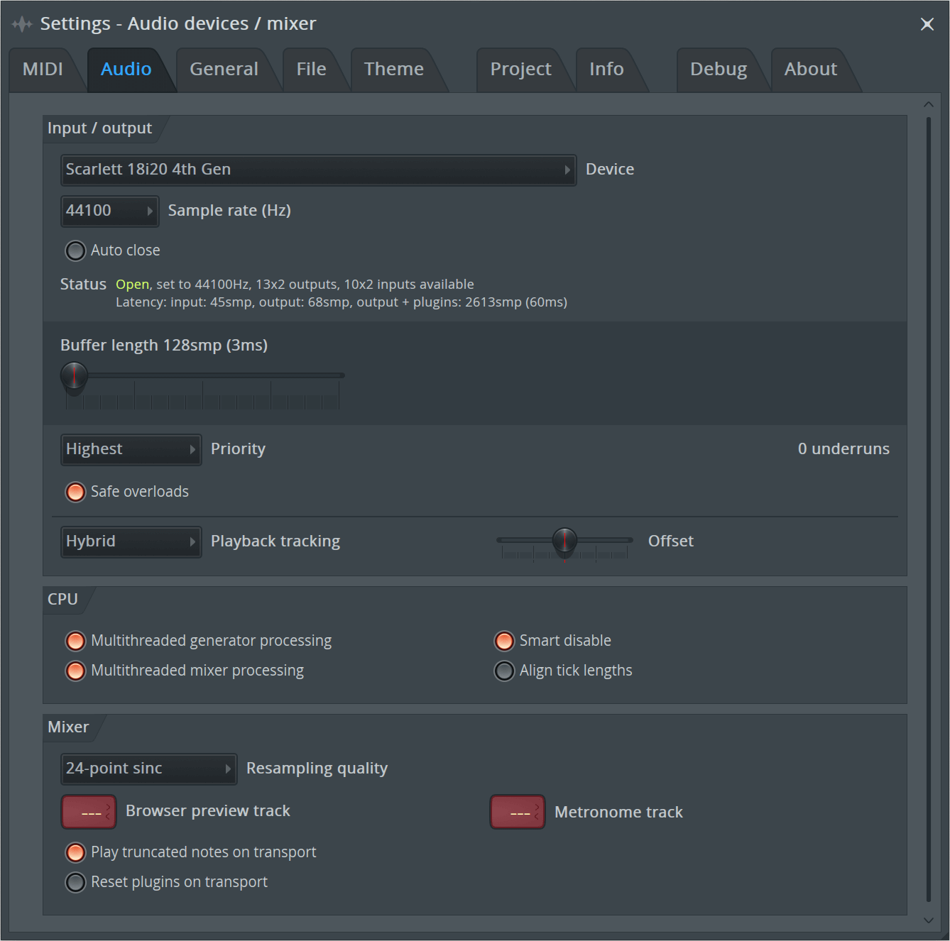 A screenshot of Fl Studio's Audio Settings window with the Scarlett selected as the Input/output device.