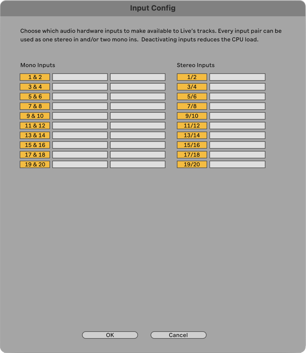 A screenshot of Ableton Live's Input Config page with the channels turned on.