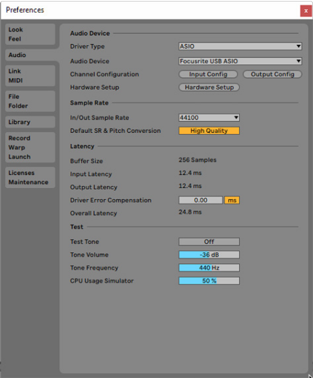Ableton Audio Preferences Focusrite USB ASIO