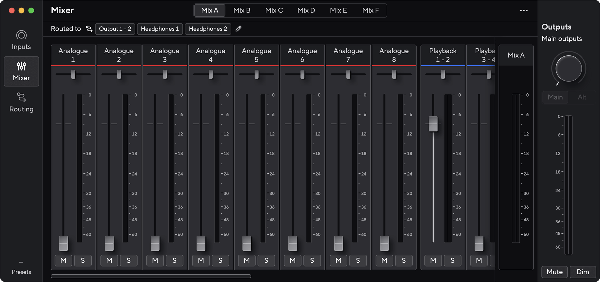 A screenshot of Focusrite Control 2's mixer for the Scarlett 16i16.