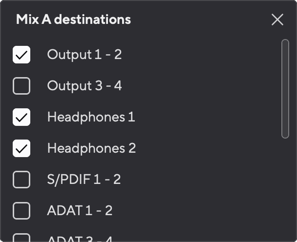 A screenshot of the Mix destinations dropdown in Focusrite Control 2.