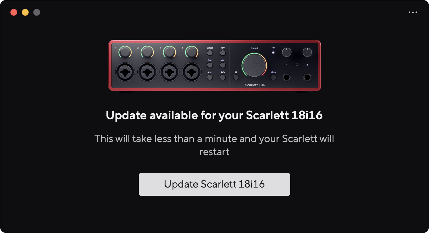 A screenshot of Focusrite Control 2's firmware update available page.