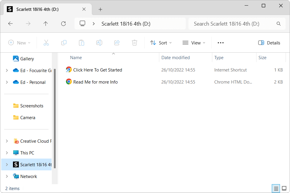 Scarlett 18i16's Easy Start Windows explorer page.