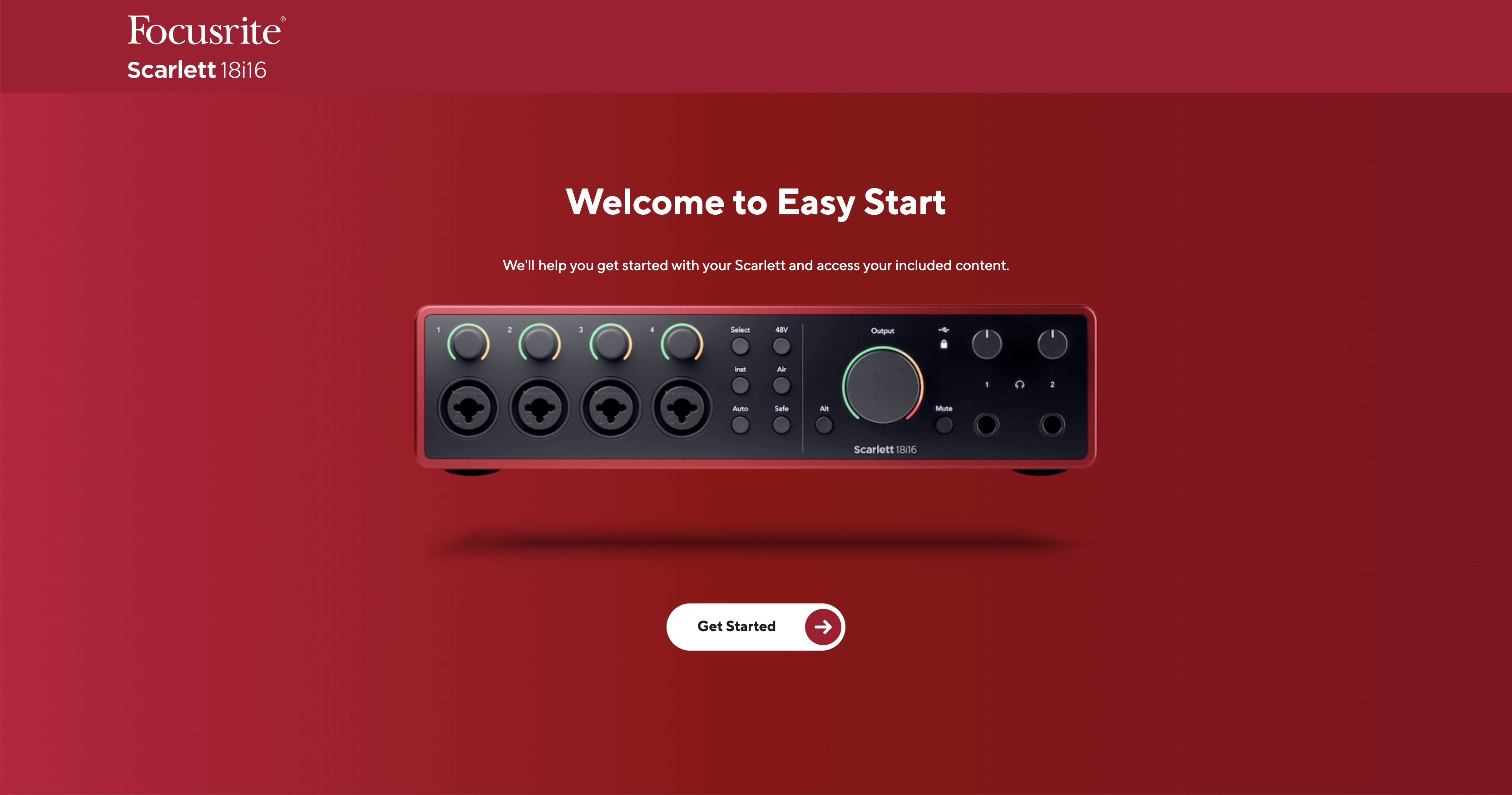 The Easy Start landing page for the Scarlett 18i16.