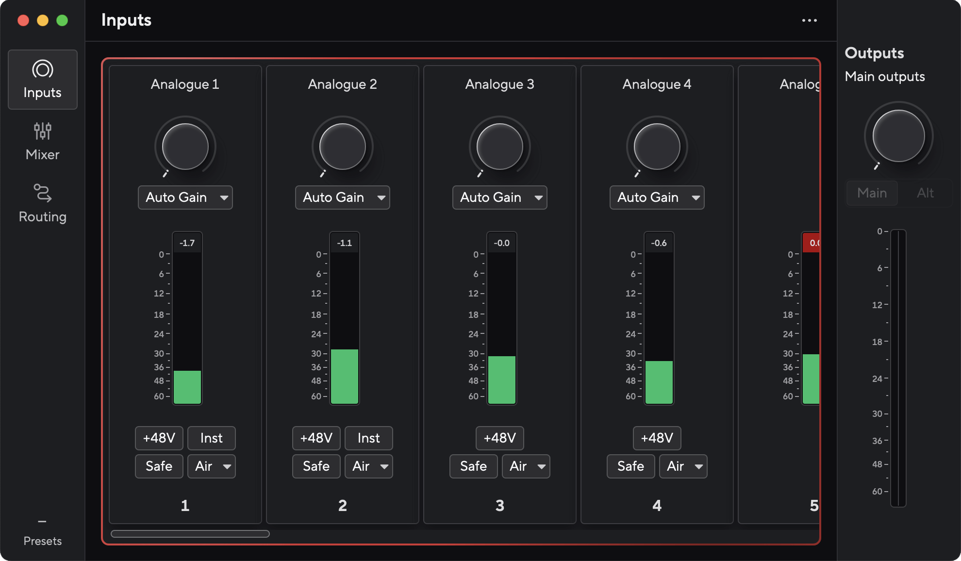 The default view in Focusrite Control 2 when you first connect your Scarlett 18i16.