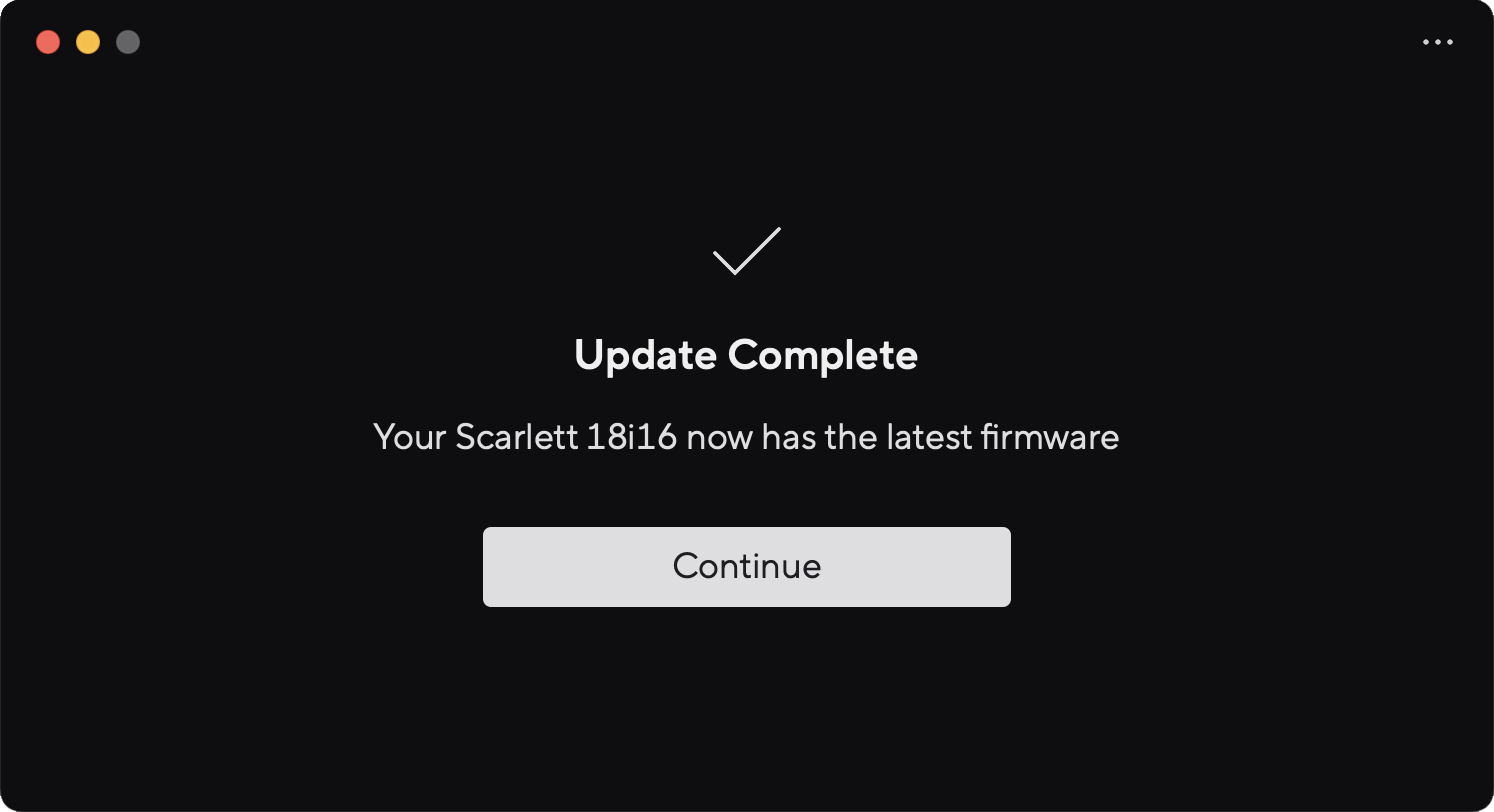 A screenshot of Focusrite Control 2's firmware update complete page.