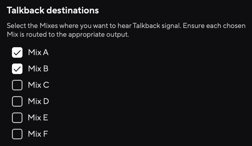 A screenshot Talkback destinations in Focusrite Control 2's settings tab.