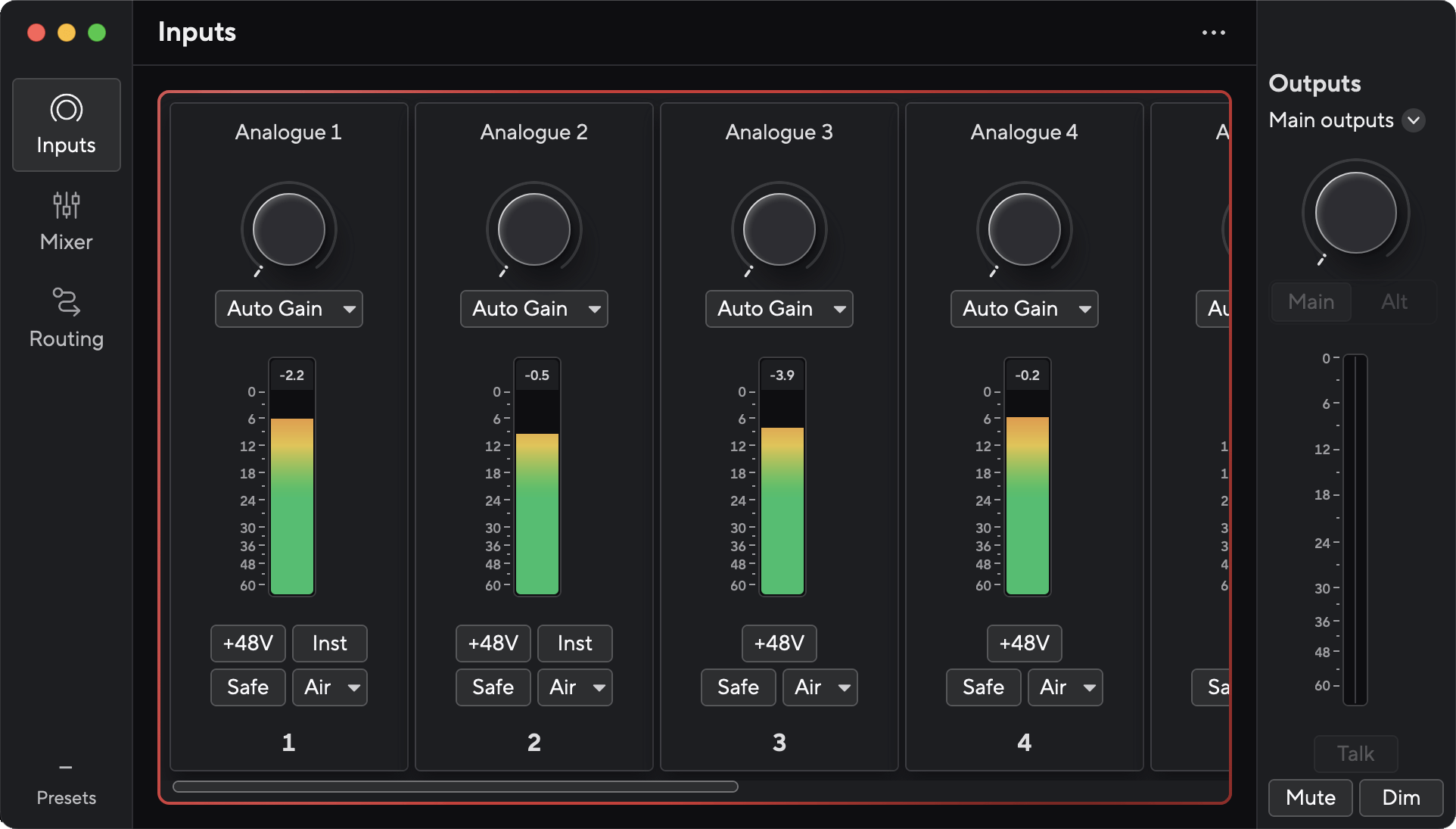 The default view in Focusrite Control 2 when you first connect your Scarlett 18i20.