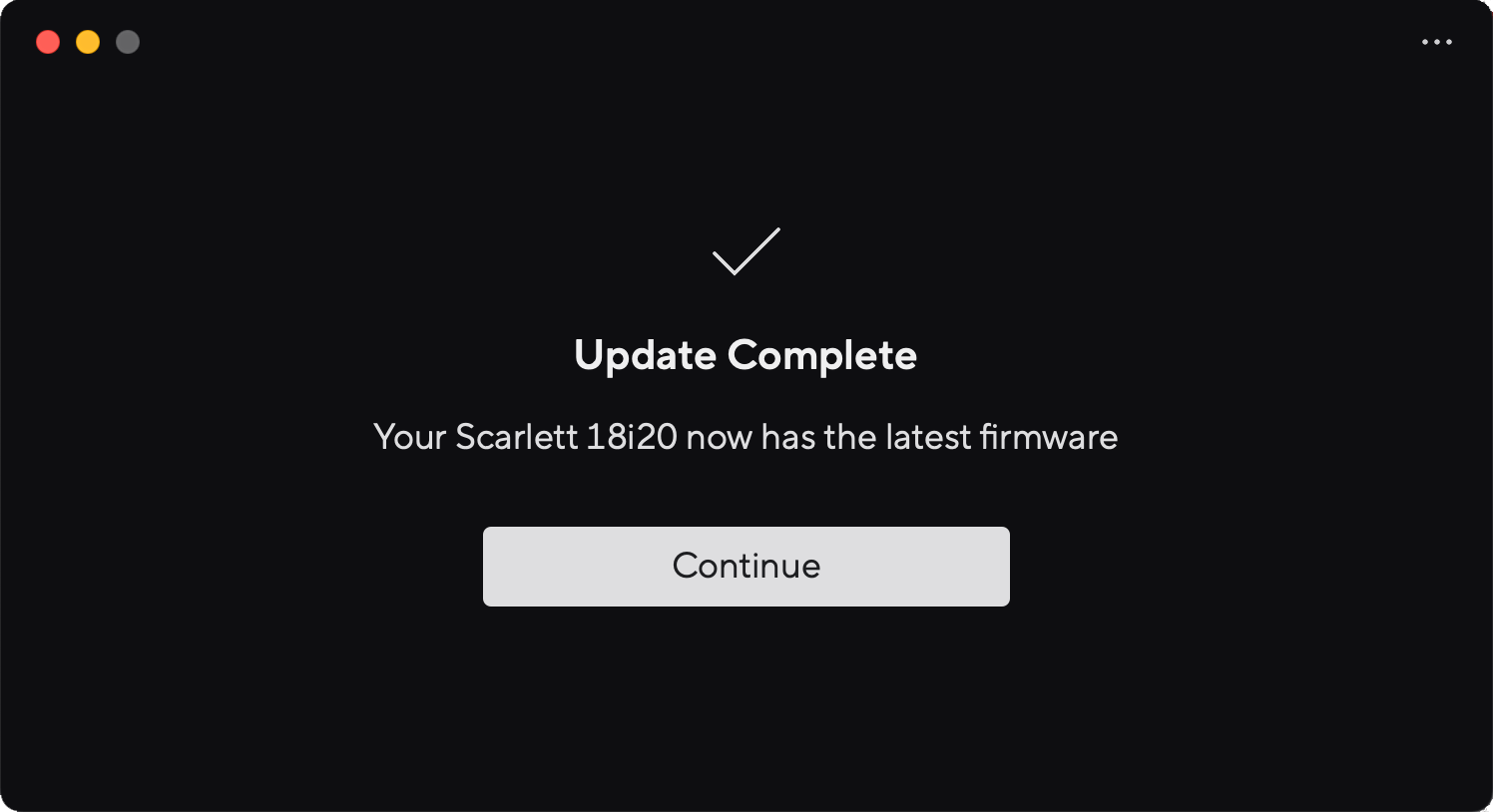 A screenshot of Focusrite Control 2's firmware update complete page.