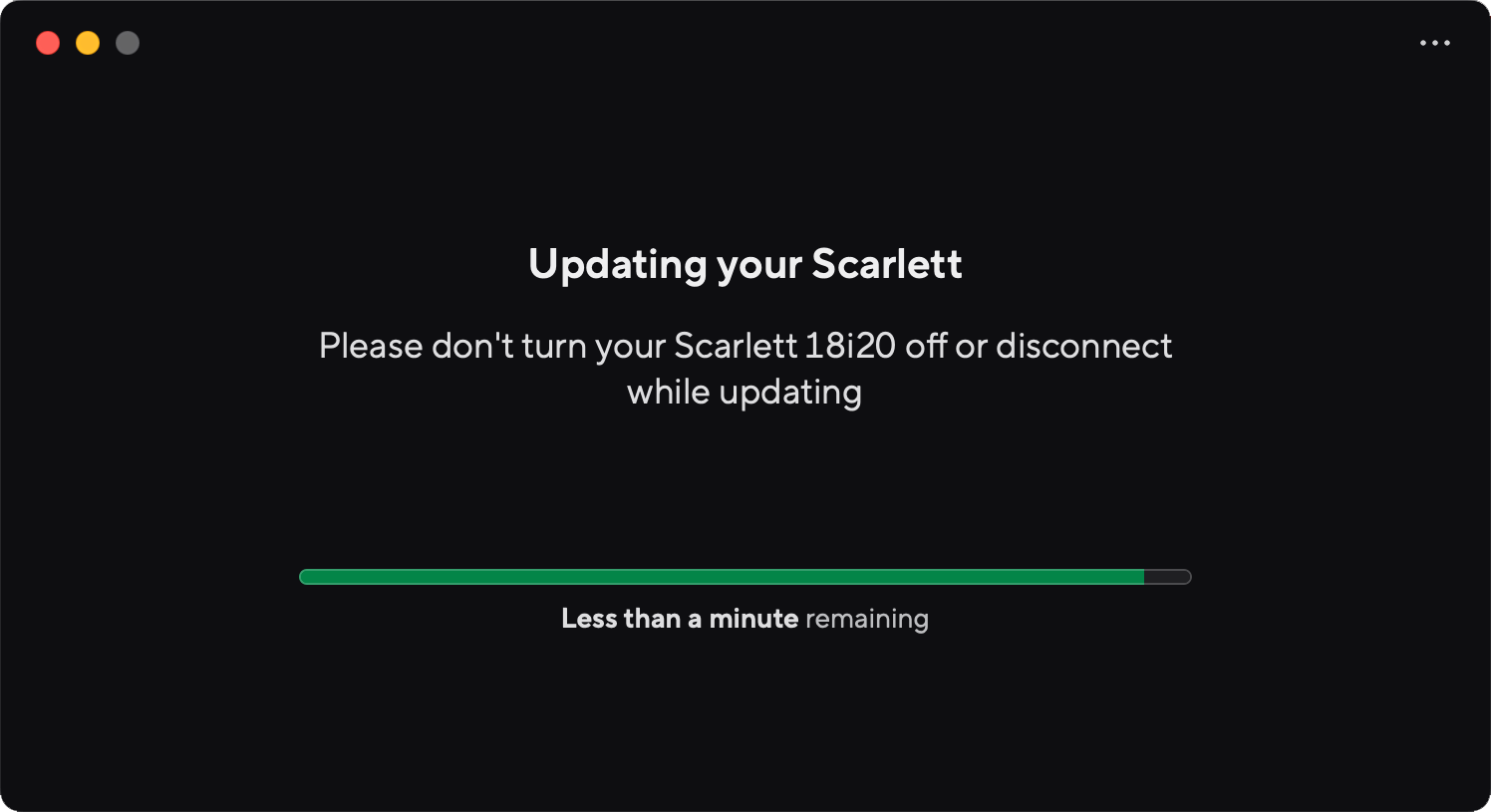 A screenshot of Focusrite Control 2's firmware update in progress page.