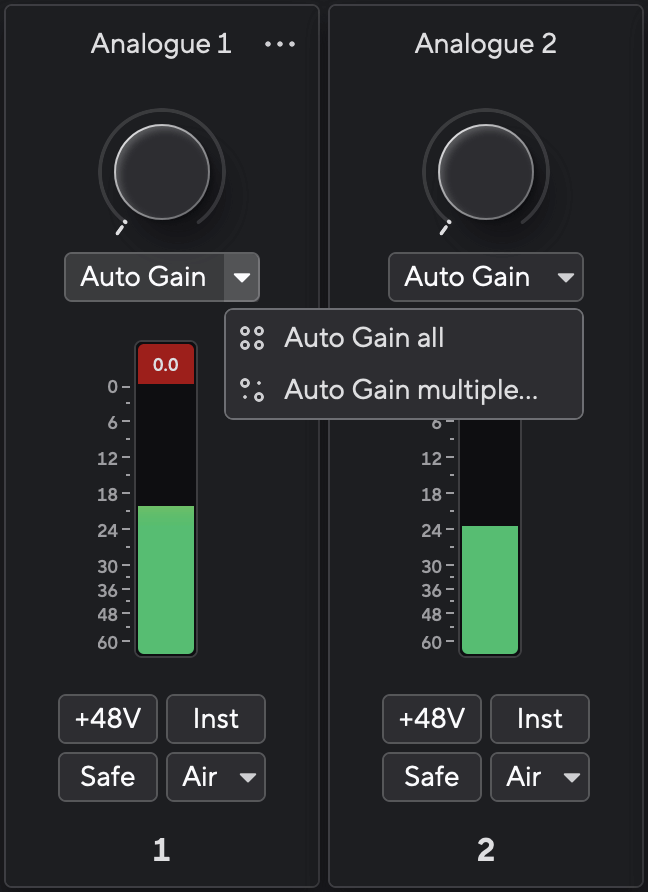 A screenshot of Focusrite Control showing the option to Auto Gain all channels or Auto Gain multiple… channels.