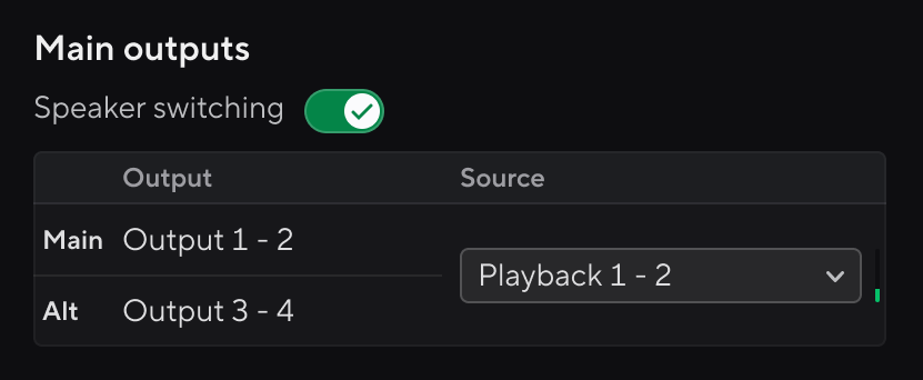 A screenshot of the Speaker switching section in Focusrite Control 2's Routing tab.