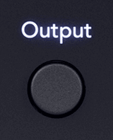Cutout of the 18i20's Output button in its off state (white).