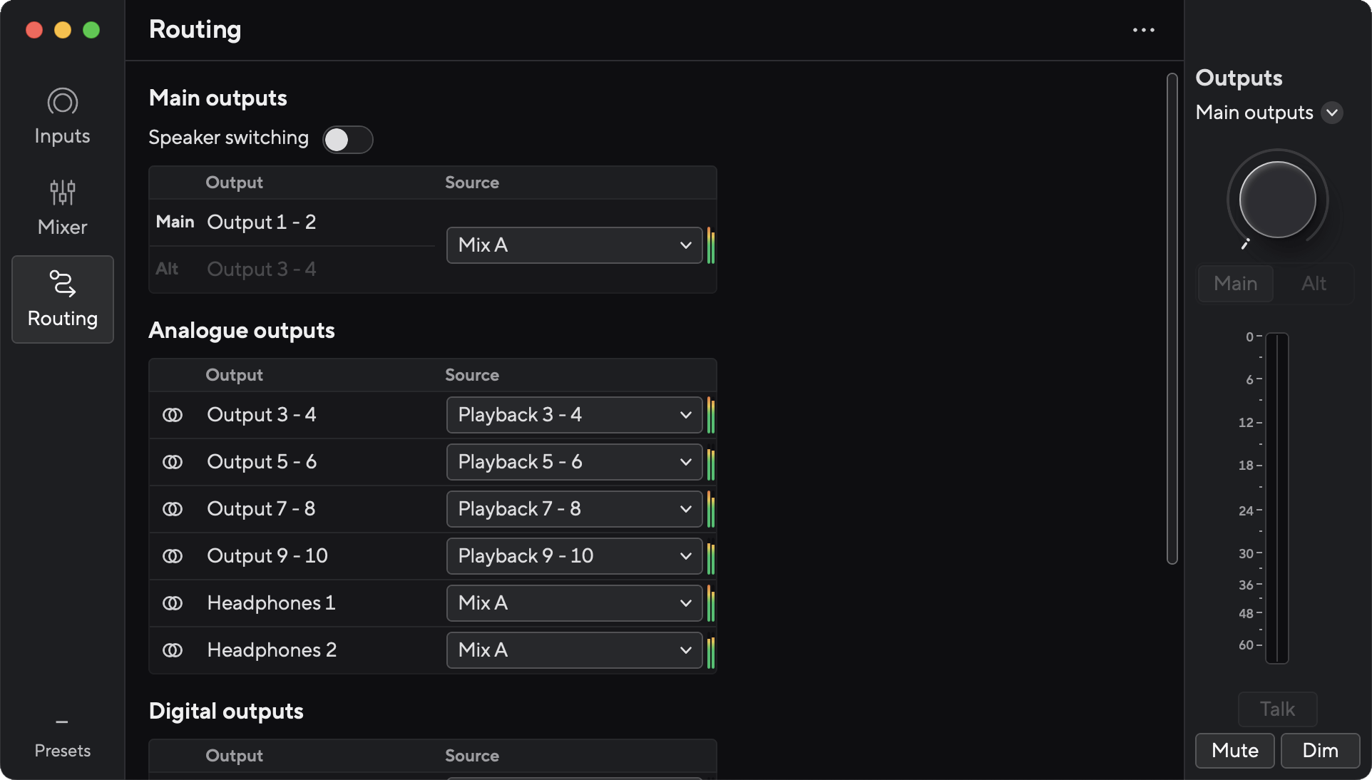 A screenshot of Focusrite Control's Routing tab with the Scarlett 18i20 connected.