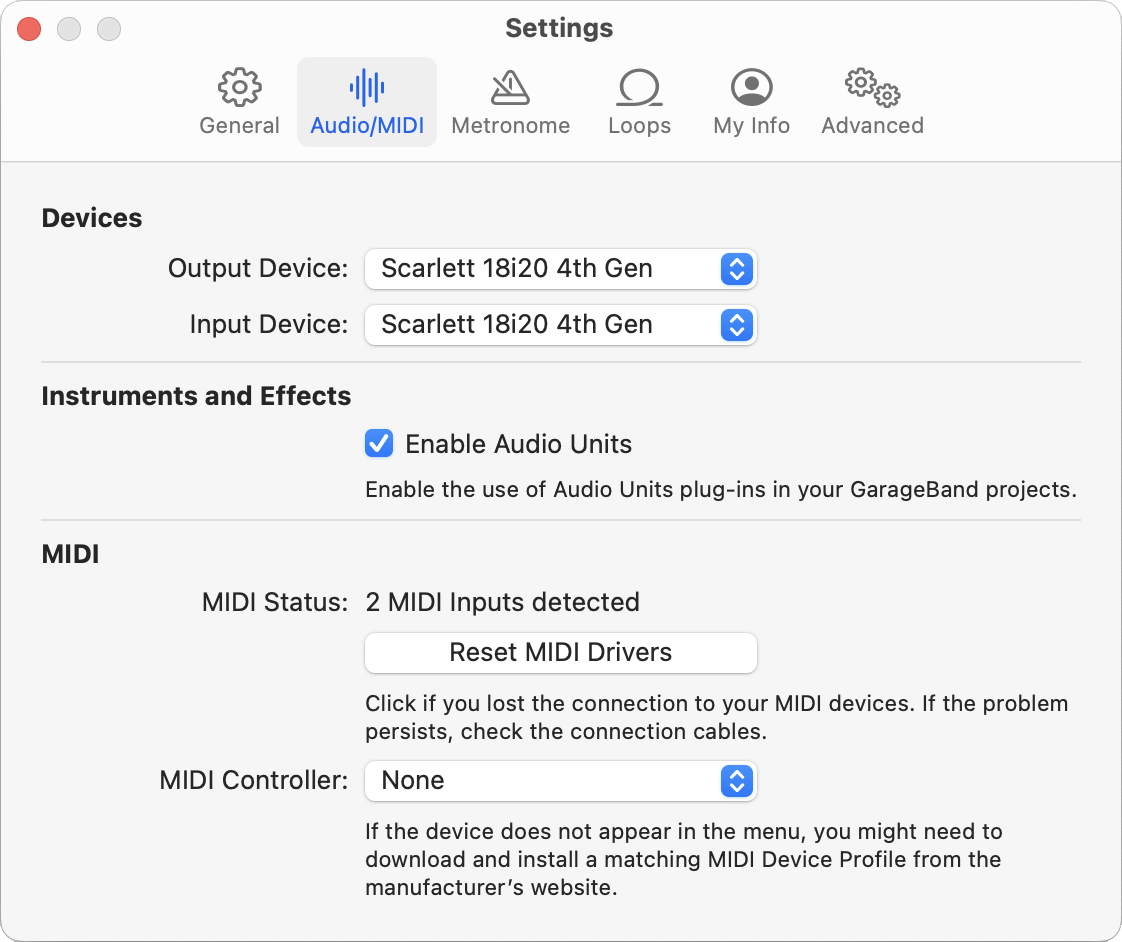 A screenshot of GarageBand's Audio Settings window with the Scarlett selected as the Input/output device.