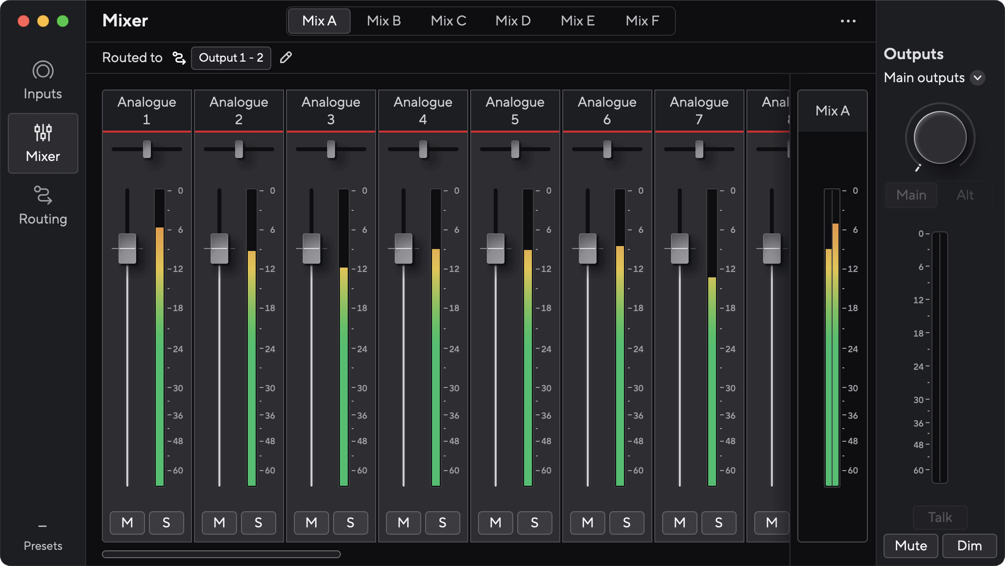 A screenshot of Focusrite Control 2's mixer for the Scarlett 18i20.