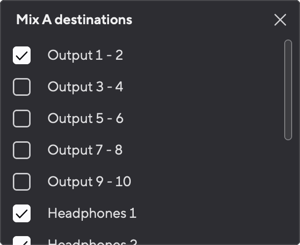 A screenshot of the Mix destinations dropdown in Focusrite Control 2.